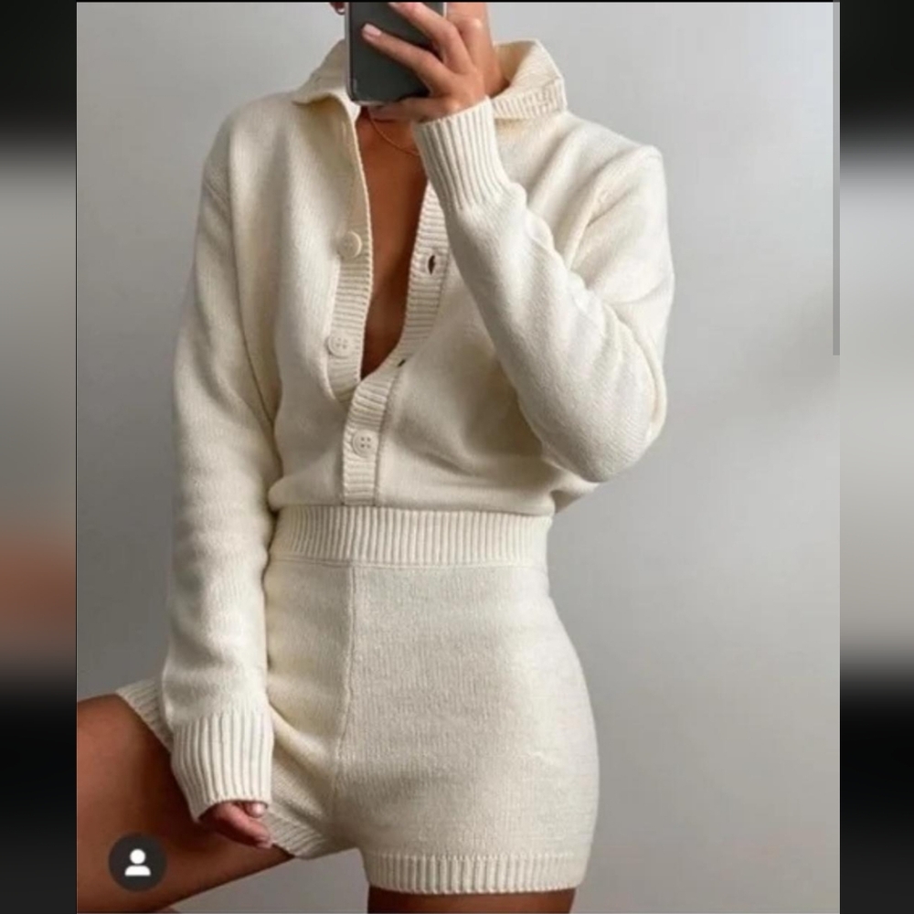 Zara Cream Knit Two-Piece Top and Shorts Set